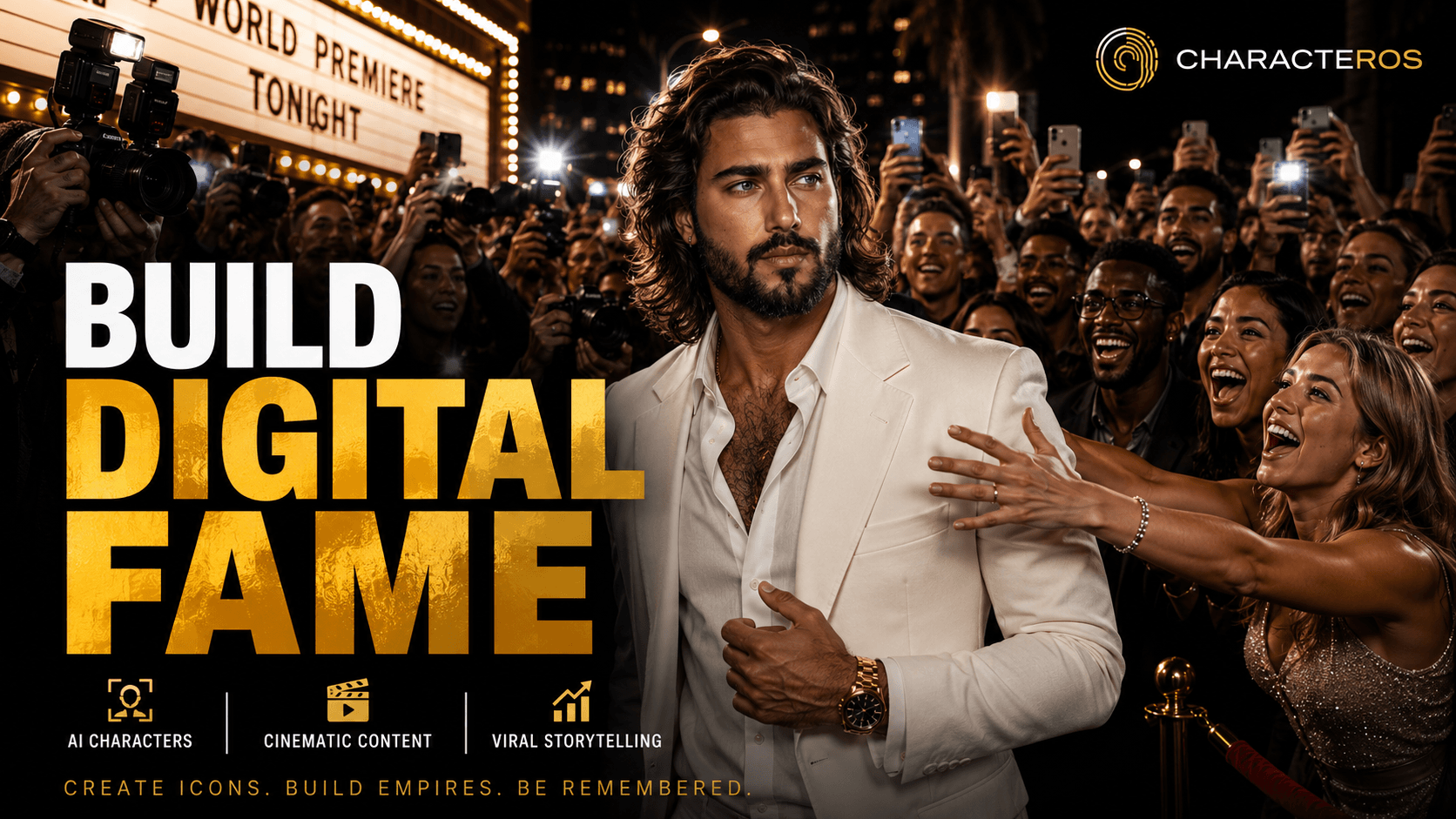 CharacterOS — Build Digital Fame: a creator on the red carpet surrounded by cameras